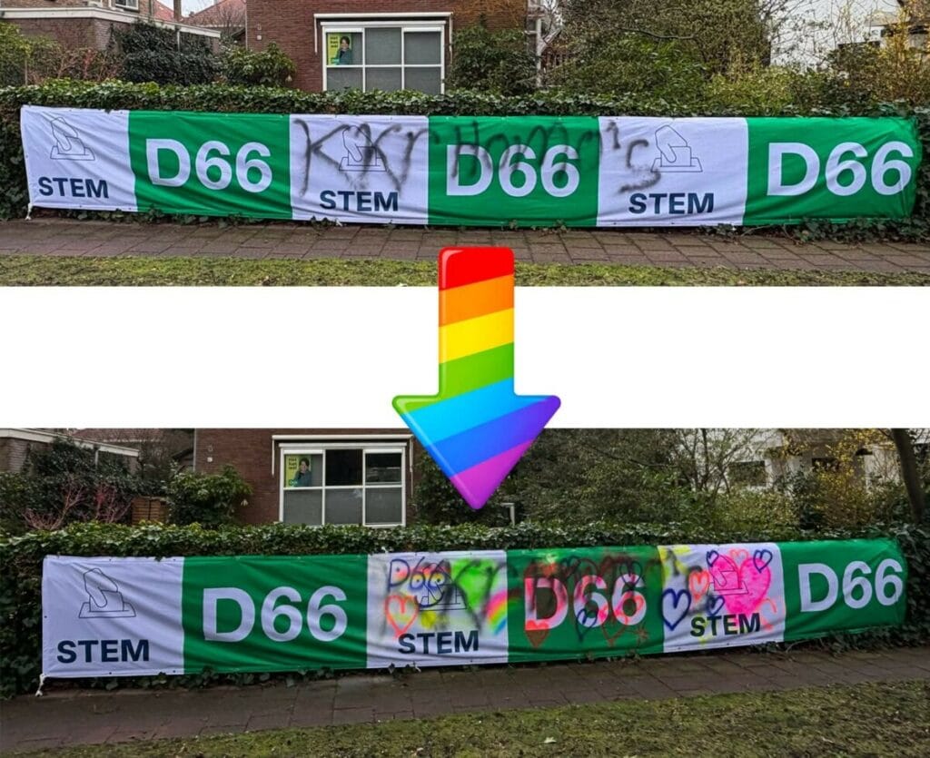 ‘Tegenover de haat die uit deze teksten spreekt, zetten wij een boodschap van liefde en verbinding. Dit is gedrag dat we in Baarn niet accepteren.’ Foto via Instagram