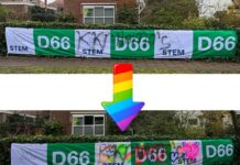 Politiek statement na bekladden verkiezingsposters ‘Tegenover de haat die uit deze teksten spreekt, zetten wij een boodschap van liefde en verbinding. Dit is gedrag dat we in Baarn niet accepteren.’ Foto via Instagram