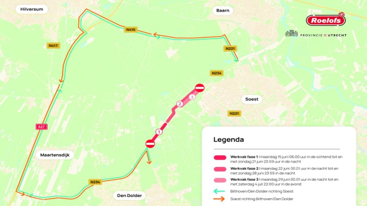 Groot onderhoud aan weg tussen Soest en Bilthoven: houd rekening met omleidingen en vertraging" Groot asfaltonderhoud N234 Biltseweg tussen Soest en Bilthoven.