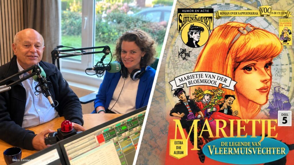Links: Tom van der Geugten en Jolien van der Geugten in de Eemland1-studio. Rechts: de cover van het vijfde deel van De legende van Vleermuisvechter